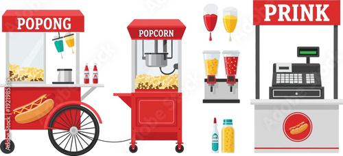 Multiple red food service carts, including a popcorn machine and a beverage station, are arranged with various concession equipment.