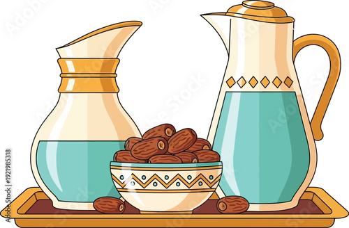 A decorative bowl overflowing with brown dates sits between two pitchers of light blue liquid on a serving tray.