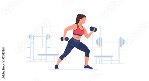 A strong muscular woman performing bicep curls with dumbbells, standing in a dynamic pose inside a brightly lit gym.