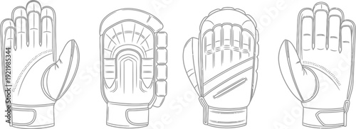 Four black and white outline drawings display different angles and views of protective sports gloves, possibly for hockey or baseball.