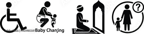 A set of four black pictograms displays icons for accessibility, baby changing, prayer, and a woman with a child.