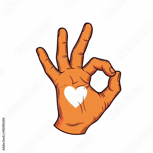 Hand gesture showing okay sign with a heart symbol on the palm.