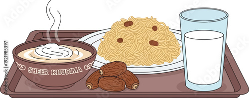 A tray holds a bowl of steaming porridge, rice pilaf with raisins, dates, and a glass of milk for a traditional meal.