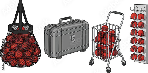 Various containers, including a mesh bag, a rugged case, a shopping cart, and a wall rack, are filled with numerous identical red spherical objects.