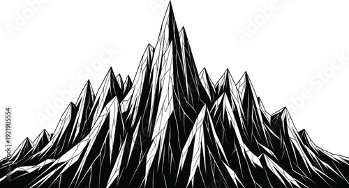 A sharp, dramatic mountain range is rendered in high-contrast black and white line art, illustrating extreme elevation and rugged terrain.