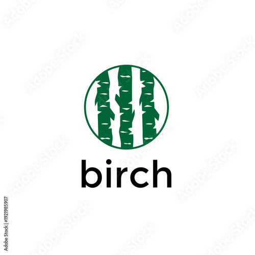 Birch tree forest logo vector. Green circular icon featuring white bark textures for environmental nature and timber branding