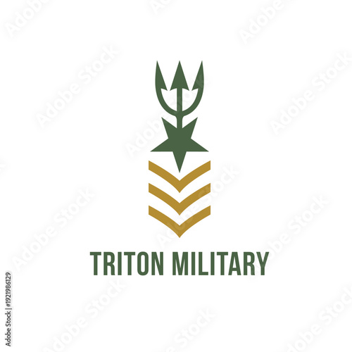 Trident triton military logo vector. Green tactical weapon symbol with gold sergeant stripes and star for naval branding.