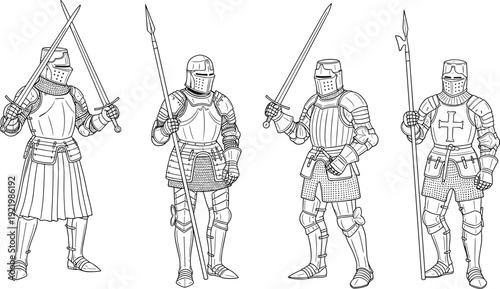 Detailed black and white line art illustration of medieval knights in full armor set with swords and spears, historical warrior vector for coloring book.