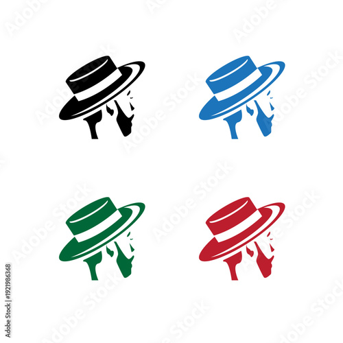 Gentleman hat logo vector. Silhouette of bearded man wearing boater headwear in four color variations for fashion or barber branding.