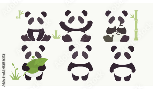 Cute panda bear cartoon character collection in forest vector set