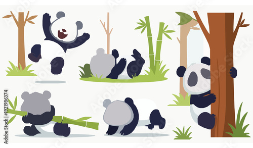 Funny panda bear cartoon animals forest vector illustration set