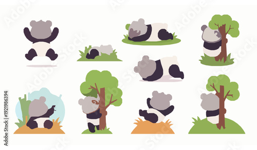 Cute panda bear cartoon sticker style collection forest theme vector