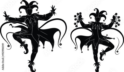 Set of black jester silhouettes in dancing poses with bells on hats and costumes isolated on white background for carnival mardi gras celebration