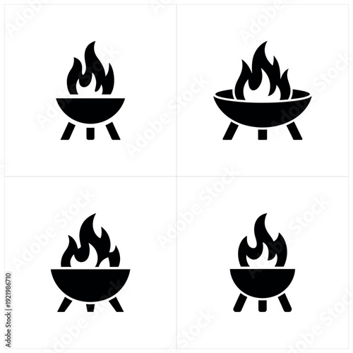 Four black and white of fire in bowls on stands