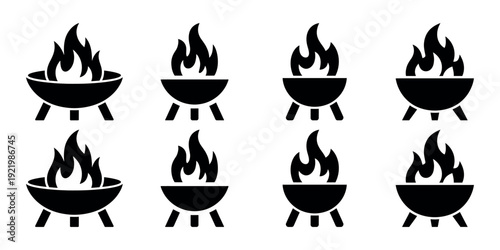 Eight black fire pit with flames on white background