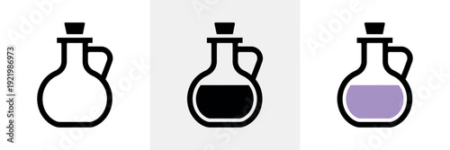 Three laboratory flasks with colored liquids glass container