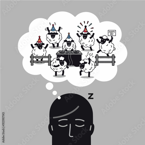 Man dreaming of sheep partying with DJ at a fun celebration.