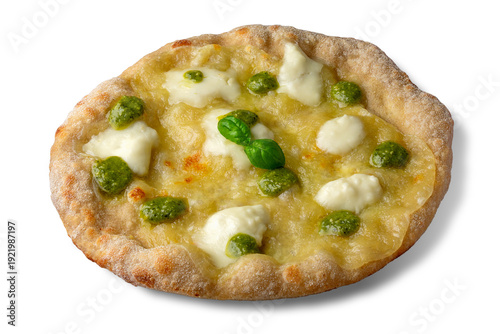 Photos Pizza with pesto and stracchino cheese with basil leaves, isolated on white back