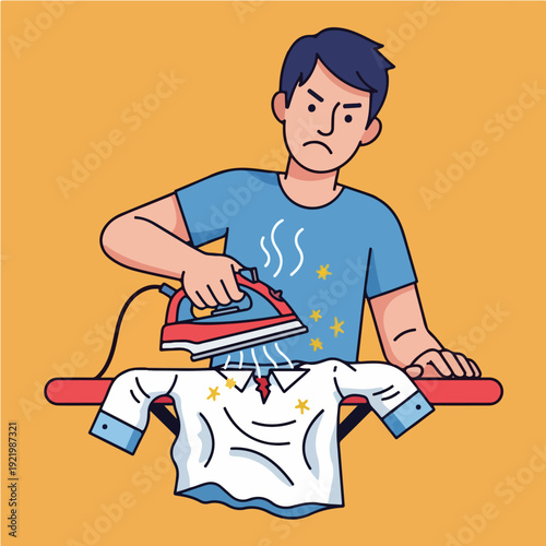Man ironing shirt with steam, focused on the main subject.
