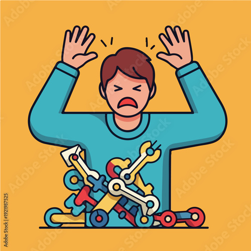 Man overwhelmed by tools, facing a mechanical problem, feeling stressed.