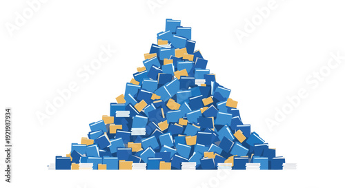 A vast, chaotic mountain of blue file folders and scattered yellow documents creating an overwhelming pile on a pristine white background.