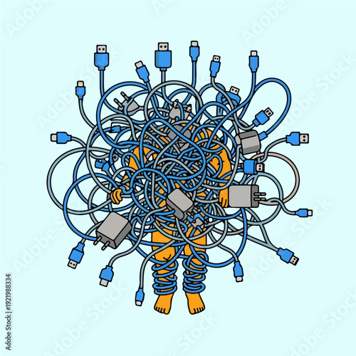 Person entangled in a chaotic mess of computer cables and wires.