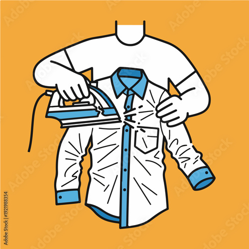Person ironing a white shirt with blue details.