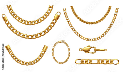 Realistic 3D Gold Chain Vector Set – Jewelry Illustration on White Background