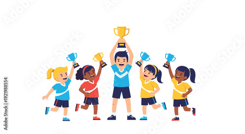 A joyful group of diverse young children and an adult man are holding various trophies high in the air, celebrating a sports victory.