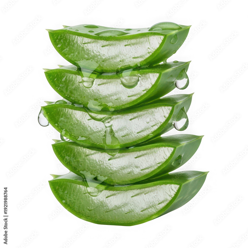 Obraz premium Stack of fresh aloe vera slices with water droplets isolated on transparent background