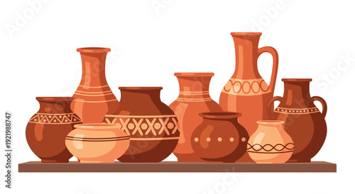 An assortment of decorative traditional clay pottery pieces, including patterned vases and jars, is neatly arranged on a wooden shelf.