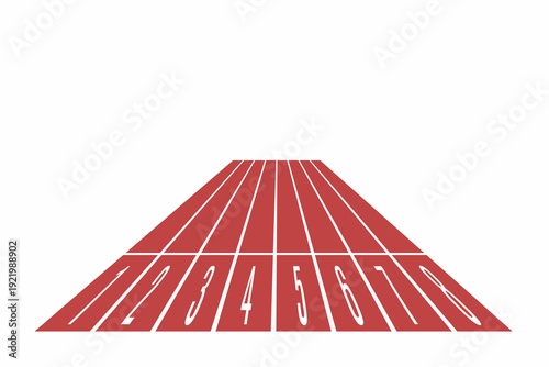 Red running track in perspective with large copy space. Ideal for sports posters, marathon events, fitness banners, competition backgrounds, and motivation design templates.