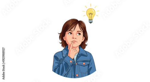 A thoughtful young girl with short brown hair, wearing a denim jacket, looks upward with a finger on her chin, as a glowing lightbulb illuminates above her head.