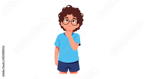 A pensive young boy with curly brown hair and round glasses, dressed in a blue t-shirt and dark shorts, stands with a finger on his chin.