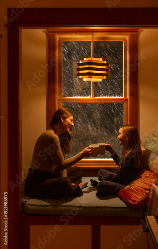 Family Portrait together cozy hygge house during snow storm 