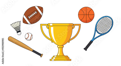 A vibrant collection of various sports equipment, including a shining gold trophy, football, basketball, tennis racket, baseball bat, and shuttlecock.
