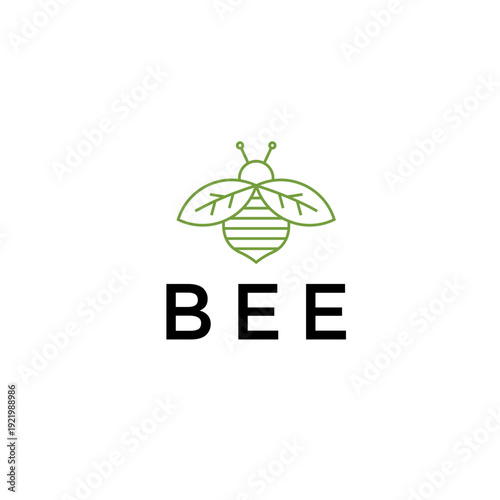 Organic bee logo featuring a minimalist green line art design of a honeybee with wings shaped like leaves, perfect for eco-friendly brands, gardening, or natural honey products.