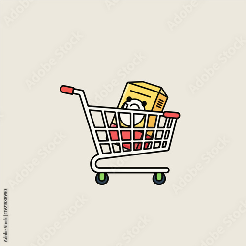 Shopping cart filled with groceries and a box, ready for purchase.