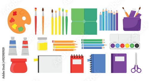 A comprehensive flat lay assortment of various art and school supplies, including paint palettes, brushes, pencils, notebooks, paints, and scissors.