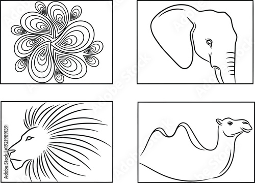 A collage of line art illustrations featuring an abstract design, an elephant, a lion, and a camel.