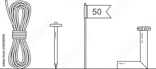 A coil of rope, a stake, a numbered flag, and an L-shaped bracket are depicted on a plain surface.