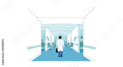 A lone male doctor wearing a white lab coat and carrying a briefcase walks away from the viewer down a sterile, blue-toned hospital corridor lined with chairs.
