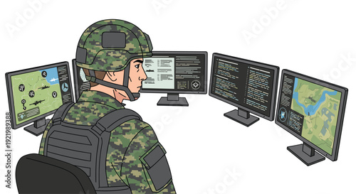 A soldier in full camouflage uniform and helmet sits at a desk, viewing four computer monitors displaying tactical maps and technical code from a side profile.