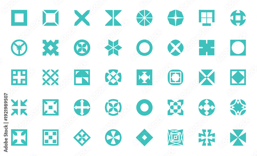 Naklejka premium Collection of 36 teal geometric icons on white background