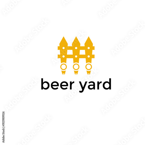 Creative beer yard logo featuring a gold silhouette of a picket fence integrated with three taps