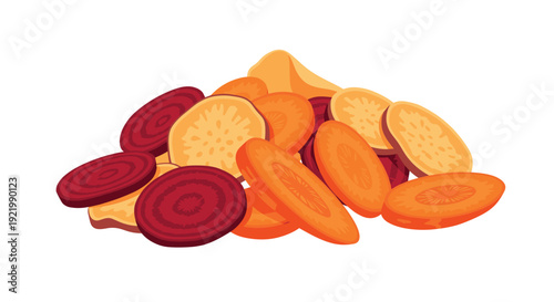 A large vibrant pile of freshly sliced, round vegetables, including red beets, orange carrots, and yellow sweet potatoes, on a white background.