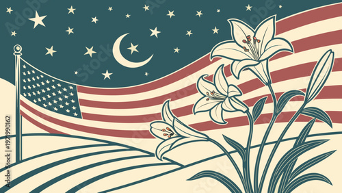 "Stars of the USA transformed into Persian lily flowers, arranged in a circle on a field where the colors of the two flags merge in gentle waves, under a starry sky reminiscent of the American dream."