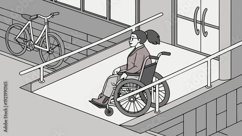 Woman in a wheelchair descending a ramp in an accessible city, bicycles in the background.