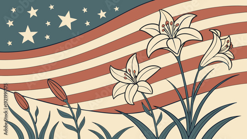 "Stars of the USA transformed into Persian lily flowers, arranged in a circle on a field where the colors of the two flags merge in gentle waves, under a starry sky reminiscent of the American dream."