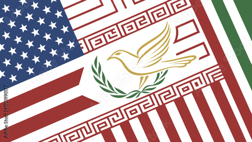 "A futuristic flag where the red, white, and blue stripes of the USA intertwine with the green, white, and red stripes of Iran, forming a geometric pattern inspired by Persian tiles, with a golden dov